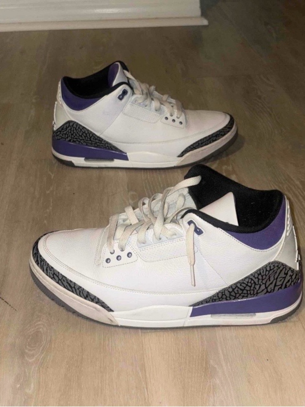 Jordan Men's White and Purple Retro Sneakers with Black Elephant Print